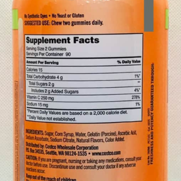Kẹo dẻo bổ sung vitamin C cho người lớn Kirkland Signature Adult Gummies C 250mg 180 viên